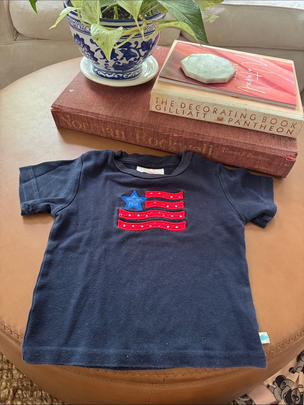 Lolly Wolly Doodle Navy Tee with Red Flag & Blue Star Patch